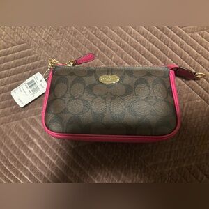 Coach Signature Wristlet in Brown and Cranberry